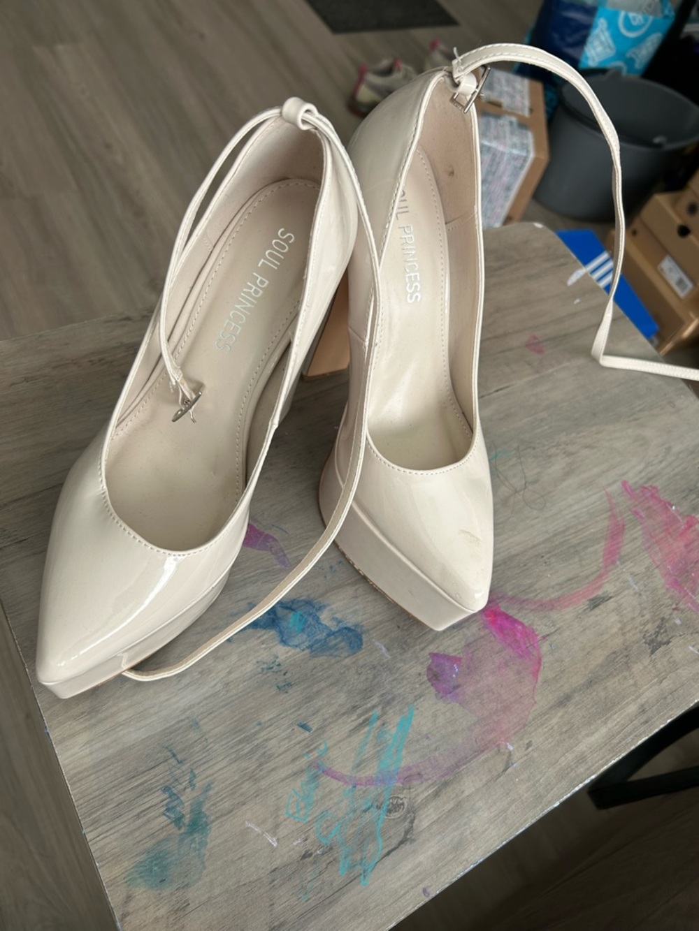 Miss Lola Patent Pointed-Toe Ankle Strap Pumps in Cream